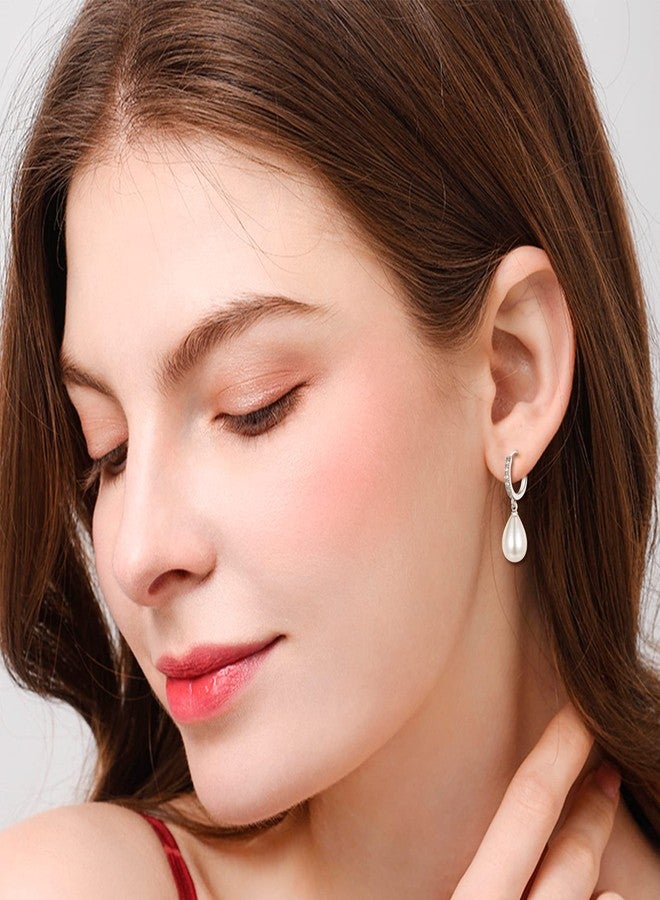 EPIRORA Sterling Silver Simulated Shell Pearl Hoop Earrings Cubic Zirconia Dangle Drop Earrings Jewelry for Women 10mm, Gold (Teardrop) - Image 2
